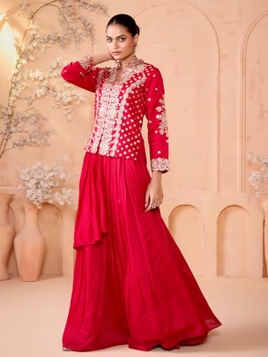 Image of madhuram textiles womens' Vichitra Silk Embroidery Dori Dori Work Short Top With Skirt Set(M-2506 Pink)