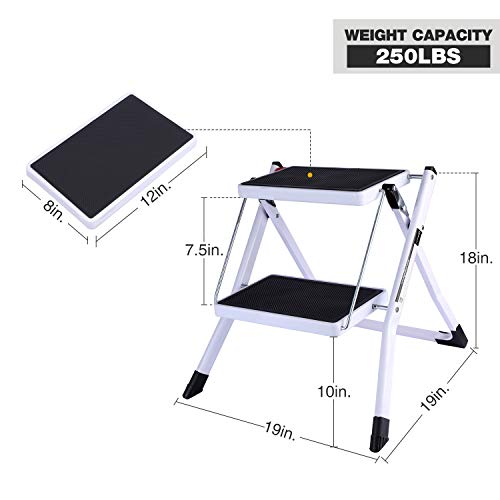 CAMPMOON Small Step Ladder for Kitchen, Sturdy Folding 2 Step Stool for Adults with Wide Anti-Slip Pedal, White