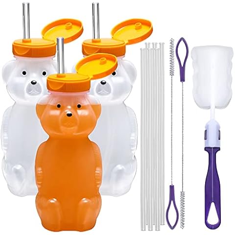 Special Supplies Honey Bear Straw Cup Long Straws, 3-Pack Squeezable Therapy and Special Needs Assistive Drink Container, Spill Proof and Leak Resistant Lid Cover