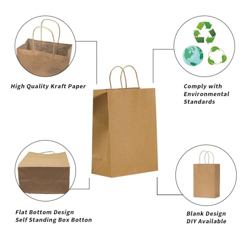 vanhel 10x5x13in Kraft paper Bags 100Pcs Brown Paper Bags with Handles Bulk, Recycled Paper Gift Sacks,for Gifts,Retail,Merchandise,Grocery,Birthday Wedding Party Favor, Take-out - Thumbnail 4