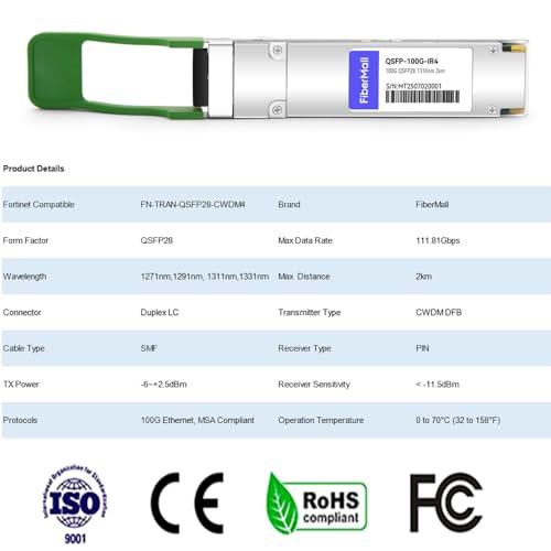 Image of 100G QSFP28 CWDM4 Optical Transceiver Module Compatible with Cisco QSFP-100G-CWDM4-S,QSFP-100G-SM-SR,100GBASE-CWDM4 QSFP28 IR4 1310nm 2km DOM