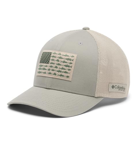 Image of Columbia Unisex PFG Fish Flag Mesh Ball Cap, Grey Green /Fossil /US Fish Flag, S /M