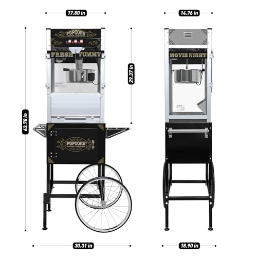 Image of Montary 20 Oz Commercial Popcorn Machine with Cart,1450W Vintage Style Popcorn maker Equipped with Popcorn Scoops,Tools & Heated Deck for Home Movie House and Carnival,Black