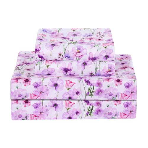 Image of Softan Purple Floral Full Sheet Set, Cozy Printed Microfiber Bed Fitted Sheets with 15 inch Deep Pocket & Non-Slip Corner Straps, Girls Lavender Blooms Flower Patterned Double Sheets & Pillowcase Set