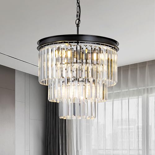 GDLT 15.7" Black Crystal Chandelier, 6-Light K9 Crystal Pendant Lights Modern 3-Tier Luxury Crystal Hanging Ceiling Light Fixture for Hallway Dining Room Living Room Bedroom Kitchen Island