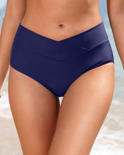 Image of Women V Cut Full Coverage Bikini Bottom - High Waist Swim Bathing Suit Bottoms Cross V Front Swimsuit
