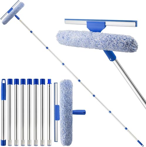 3m Window Cleaning Equipment Cleaner Tool with Long Handle, 2 in 1 Squeegee and Washer Scrubber, Window Washing Kit for Indoor Outddoor High Windows Glass Cleaning