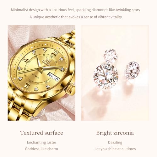 Image of OLEVS Womens Diamond Watches Automatic Mechanical Gold Luxury Dress Ladies Self Winding Original Stainless Steel Wrist Watch