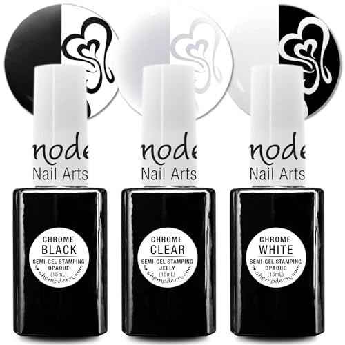 SheModern CHROME BLACK + CLEAR + WHITE Stamping Polishes (Set
