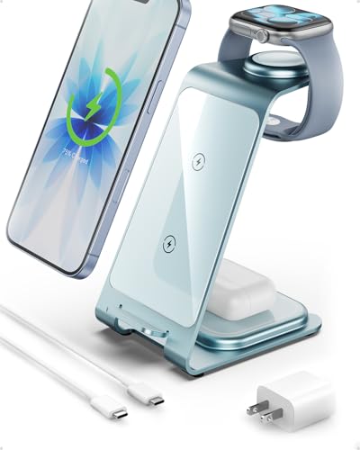 Intoval 3 in 1 Wireless Charging Station for iPhone 17 16 15 14 13 12 11 X Pro Max, Wireless Charger for Apple Watch Ultra 3 SE 9 8 7 6 5 4 3 2, for AirPods 4 Pro Pro 2 3 (Y93, Blue)