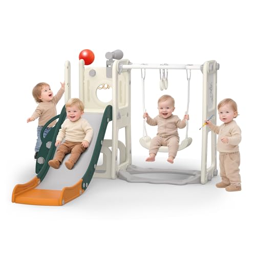 Hominewti Scivolo Per Bambini 8 In 1 Con Altalena, Struttura Per Arrampicata, Scivoli autoportanti per interni ed esterni, Parco Giochi Multiuso Per Bambini Piccoli, Verde