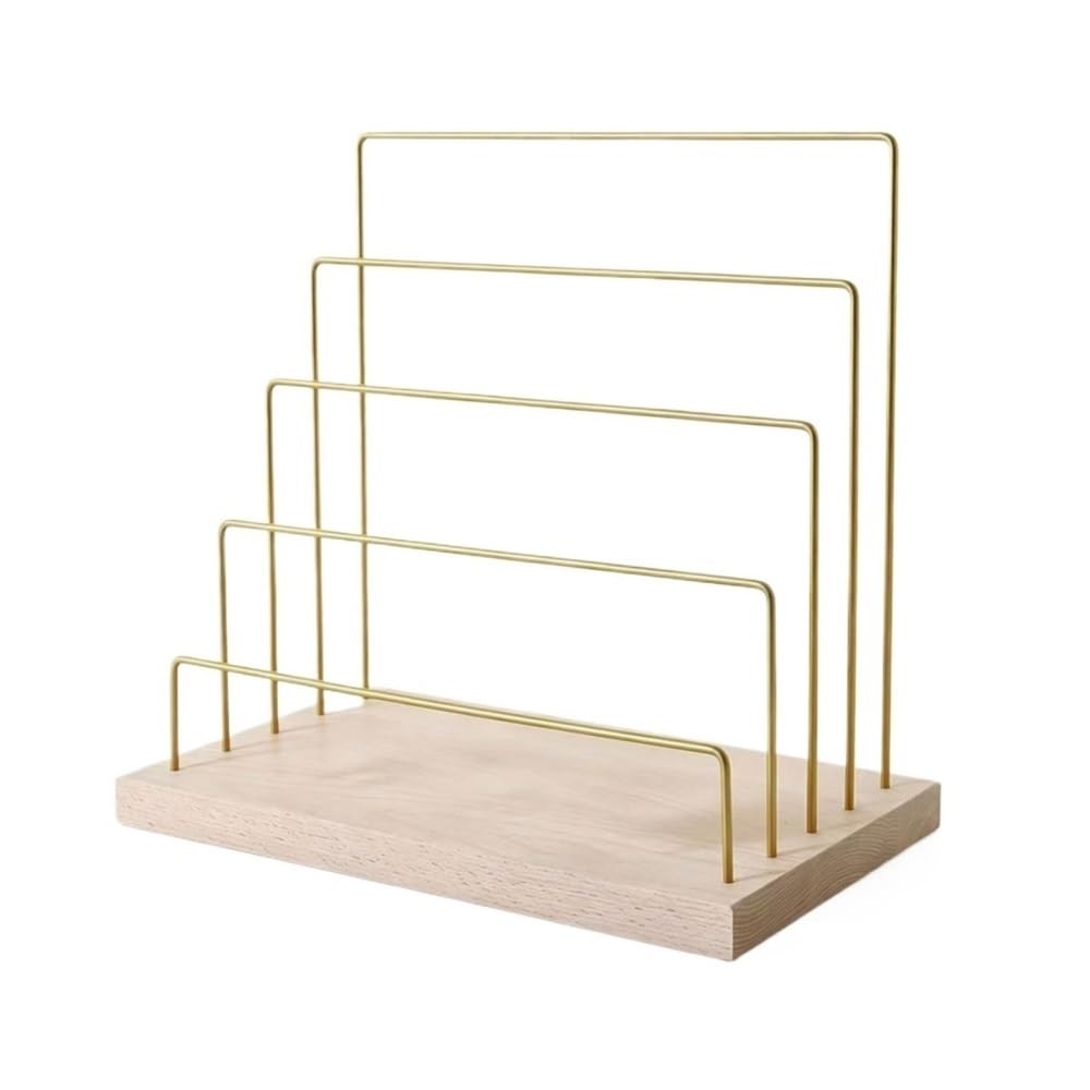 Espositore for carte for orecchini in metallo dorato a 5 livelli con base in legno di quercia