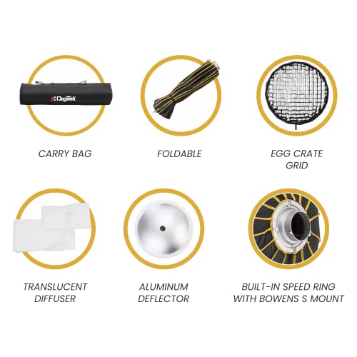 Image of DIGITEK (DBDS-105S) Parabolic Hexadecagon 105cm Beauty Dish Softbox with Honeycomb Grid, Aluminum Deflector, Translucent Diffuser, Bowens S Mount - Umrella Design, for Speedlite Studio Flash Lights