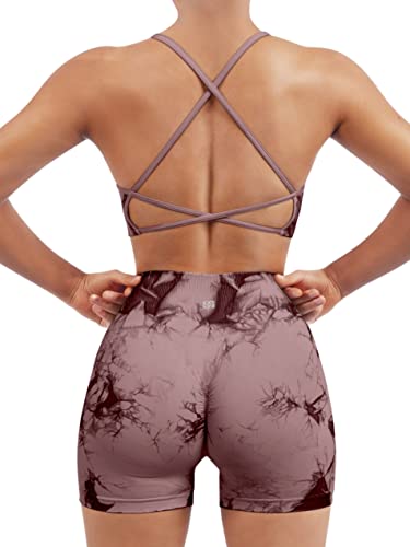 Image of SUUKSESS Women Seamless Workout Sets Strappy Sports Bra High Waist Booty Shorts Outfits