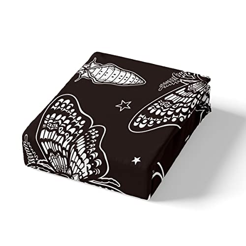 Manfei Gothic Skull Fitted Sheet Death Moth And Flower Print Bedding Set 3Pcs For Kids Moon And Star Decor Sheet Set Microfiber Bed Sheet Set (1 Fitted Sheet + 2 Pillow Cases) Full Size #TOP3