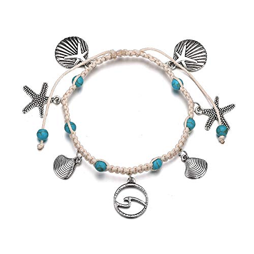 Image of Softones Blue Starfish Turtle Anklet Multilayer Charm Beads Sea Handmade Boho Anklet Foot Jewelry for Women