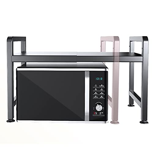 ACXZ Mikrowellenregal mit 6 Haken, erweiterbares und höhenverstellbares Mikrowellen Ständer, Küchenablage Organizer, Tragkraft 50kg, Schwarz (40-63×39×46cm) Cover