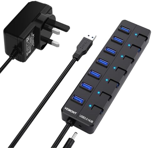 Powered USB Hub,VEMONT 7 ports SuperSpeed USB 3.0 Hub with Power Supply