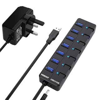 Powered USB Hub,VEMONT 7 ports SuperSpeed USB 3.0 Hub with Power Supply,USB Splitter Powered with Individual on/off LED Switches and 3.9ft/1.2m Long Cable for PC/Laptops/Ultrabooks/Desktops