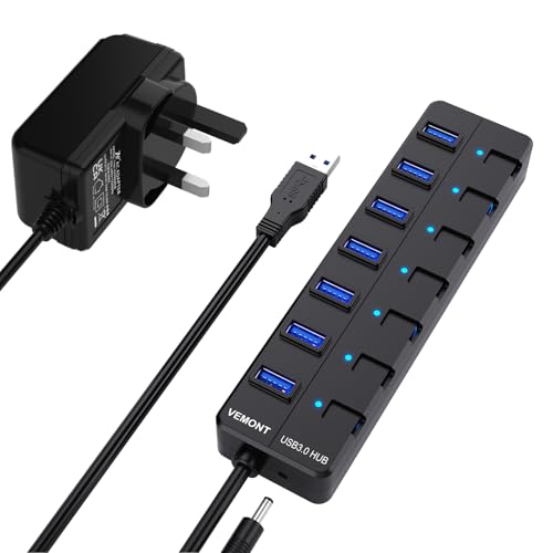 VEMONT 7-Port USB 3.0 Hub with Power Supply