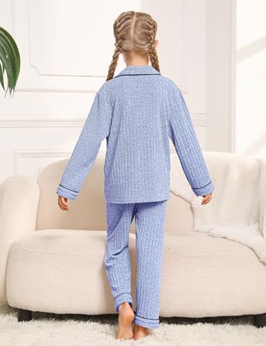 3 Pcs Kids Pajamas Sets Long Sleeve Girls Ribbed Knit Button Down Sleepwear with Eye Mask4