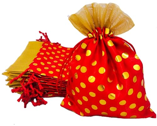 Image of 13CM X 18CM Small Drawstring Bags Pouches Potli for Gift Wedding Jewelry Packaging Bridal Party Favors for Women (10 Pc Pack, Red Color Golden Polka Dot)
