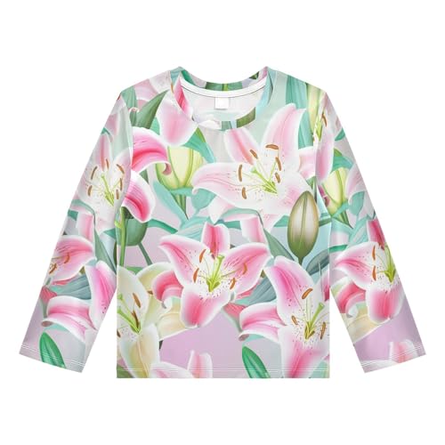 Pink White Lily Blossom Foliage Boy's Rash Guard Swim Shirt Long Sleeve Sun Shirt for Kids Toddler UPF50+ 3T