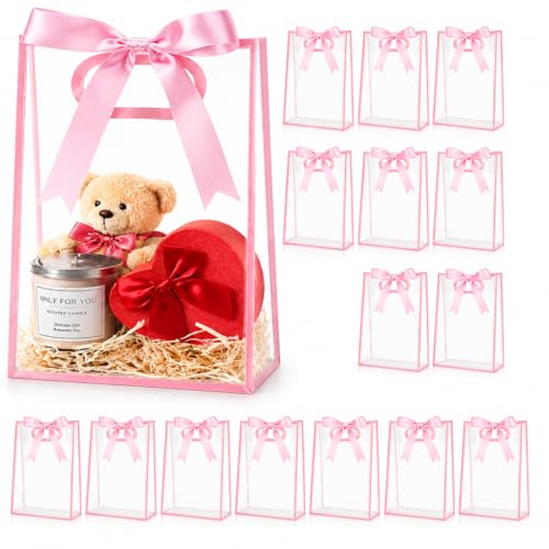 BEFEIEULEAQ 16 Pcs Clear Gift Bags with Ribbon and Handles, 10 x 7 In,Pink
