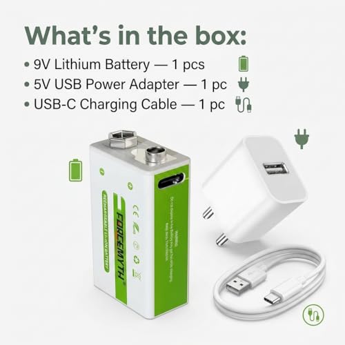 Image of 9V Rechargeable Lithium Battery with Charger Kit, 1000mAh High-Capacity, Direct USB-C Fast Charge, Stable 9V Output, 1200+ Recharge Cycles, 10-Year Shelf Life, 1-Pack