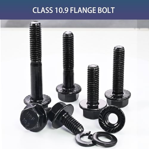 Image of 180Pcs M6 Metric Flange Bolt Assortment, M6x1.0, (12mm to 40mm) Assorted Hex Bolts and Nuts Washers Kit for Automotive, 10.9 Black Zinc Galvanized