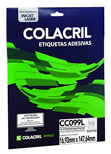 Etiqueta Adesiva Colacril, Ink-Jet / Laser Carta, CC099L, Branco, 16.93 x 147.64 mm, envelope com 10