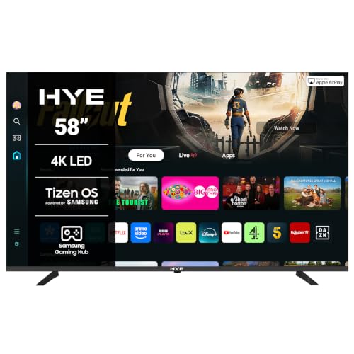HYE TV - Smart TV 58 Screen Size 4K Resolution LED Technology Apple AirPlay Samsung Tizen OS & Gaming Hub Versatile Connectivity Black Perfect For Streaming Gaming & Entertainment
