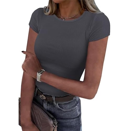 iGENJUN Women's Summer Short Sleeve High Neck Casual Ribbed Basic Tank Crop Tops Medium Gray