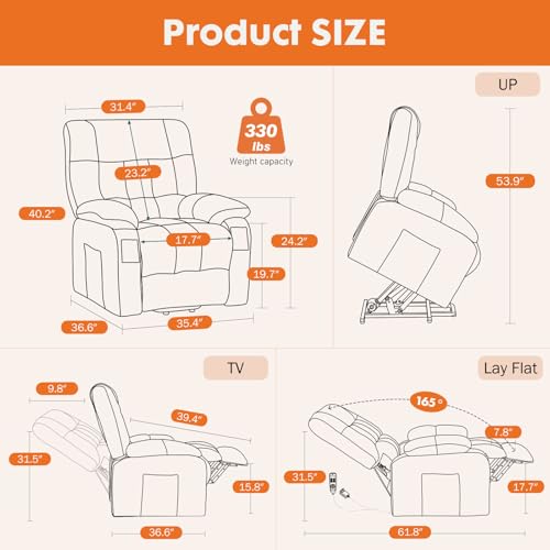 Sweetcrispy Power Lift Recliner Chair with Vibration Massage and Heat for Adults, Ergonomic Overstuffed Breathable Fabric Reclining Chair with Side Pockets, Remote Control, Living Room, Bedroom, Brown