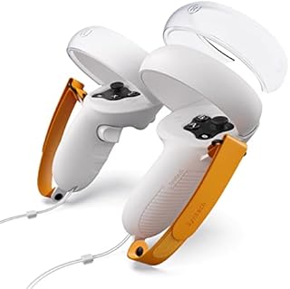 Syntech Touch Controller Grips Cover Compatible with Meta/Oculus Quest 2 Accessories Hand Controller, Soft Silicone Grips Protector with Adjustable Knuckle Straps, and Halo Ring Cover (White-Orange)
