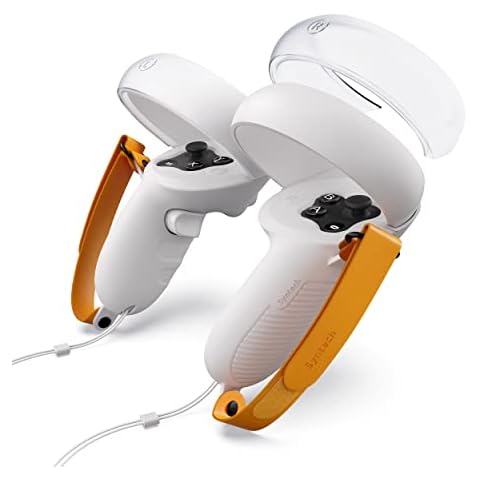 Syntech Touch Controller Grips Cover Compatible with Meta/Oculus Quest 2 Accessories Hand Controller, Soft Silicone Grips Protector with Adjustable Knuckle Straps, and Halo Ring Cover (White-Orange) Cover