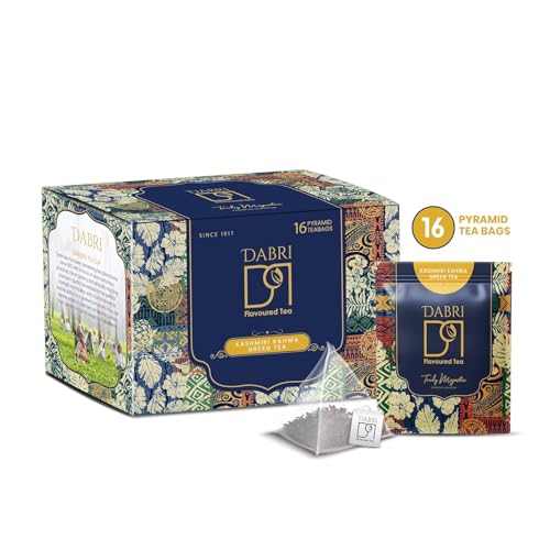 Image of Dabri Kashmiri Kahwa Green Tea 16 Pyramid Dip Tea Bags|Pack of 2 x 16 Bags Each|Natural & Original Flavour of kesar|Blended with Saffron,Almonds,Spices|Improves Digestion & Blood Circulation
