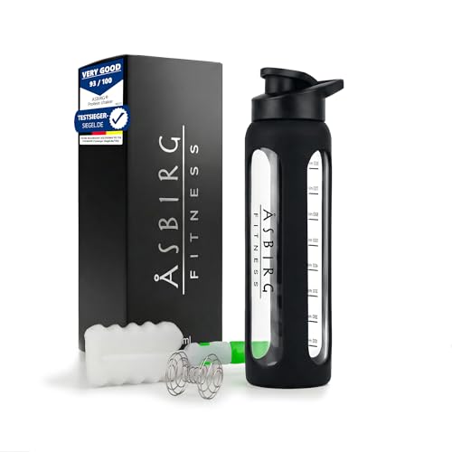 Asbirg Glass Protein Shaker Bottle 1000ml – Leakproof & BPA-Free – Borosilicate Glass Gym Shaker with Spiral Mixing Ball for Smooth Protein Shakes, Smoothies, Meal Replacement & Fitness - Black