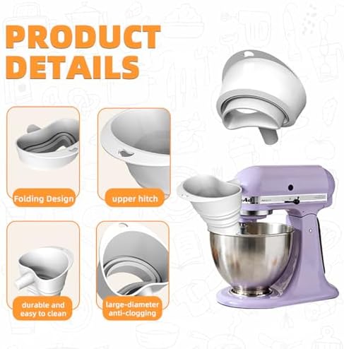 Flour Funnel for Kitchen Aid Mixer 4.5 – 5 Qt, Food-Grade Silicone Foldable Funnel, Large-Capacity Stand Mixer Attachment, Dishwasher Safe (White) - 4