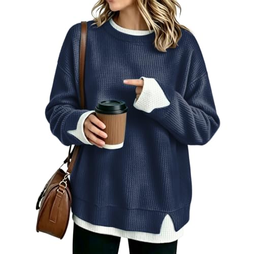 Oversized Crew Neck Sweatshirts Women Waffle Long Sleeve Sweatshirt Fall - image 1