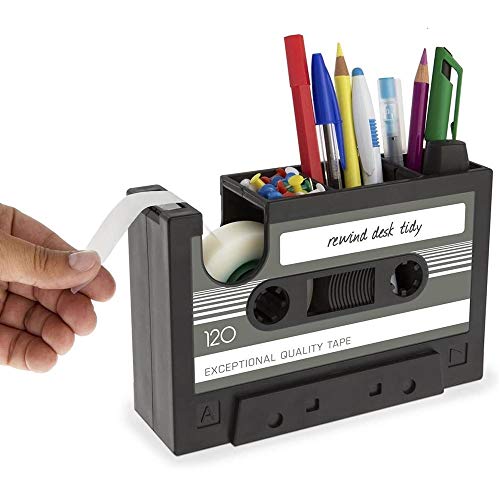 HONEYY Cassette Tape Dispenser, 2 in 1 Retro Pen Pencil Holder and Adhesive Tape Dispenser an Ideal Stationery Accessory for The Home or Office Desk (Color : Black)