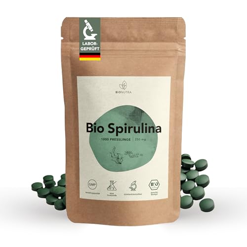 BIONUTRA® Bio Spirulina Tabletten 1000 x 250 mg, rückstandskontrolliert, nach EU-ÖKO-Standard hergestellt, vegan, laktose- & glutenfrei, ohne Zusätze, Bio Spirulina Presslinge