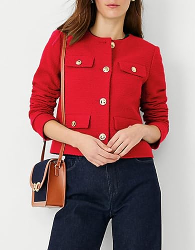 Cropped Tweed Blazer Jackets for Women Elegant Slim Collarless Business Casual Outfits4