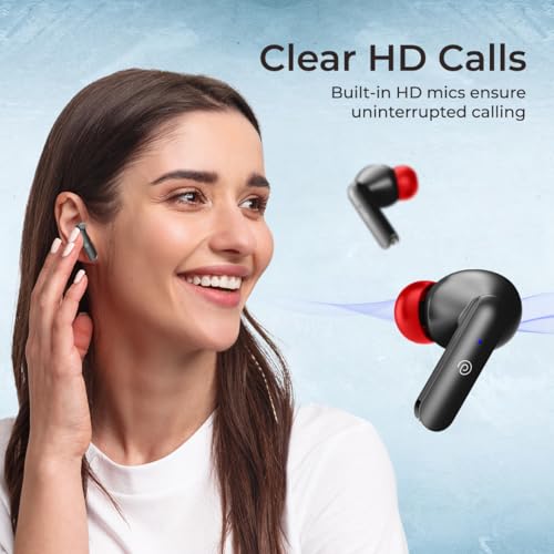 Image of pTron Basspods P81 in-Ear Wireless Earbuds, Pristine Sound, 32Hrs Playtime, Clear Calls TWS Earbuds, Bluetooth V5.1 Headphone, Type-C Fast Charging, Voice Assist & IPX4 Water Resistant (Black & Red)