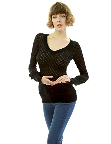 Image of AmelieBoutik Women V Neck Semi Sheer Bishop Sleeve Sweater