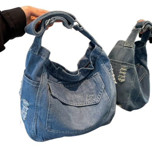 Image of Womens Denim Shoulder Hobo Handbag Canvas Jean Cross Body Bag Leisure Daily Travel Bag Shopping Bag,Light Blue