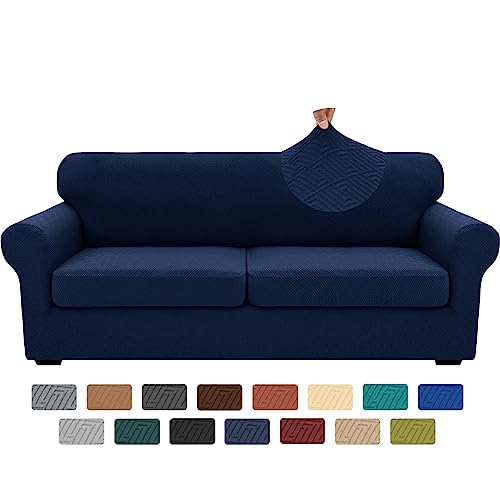 XINEAGE 2025 New 3 Pieces Couch Covers for 2 Extra Large Cushion Sofa Super Stretch Sofa Cover for 2 Large Seat Universal Loveseat Slip Cover for Living Room (Navy Blue), 71"-91"(2 Cushions)