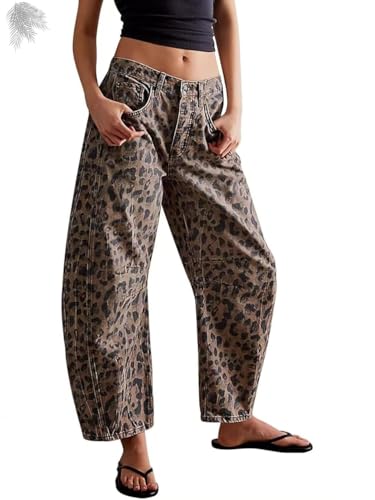 Women Leopard Barrel Jeans, Mid Rise Camo Pants Wide Leg Graphic Trousers Baggy Boyfriend Denim Pants with Pockets