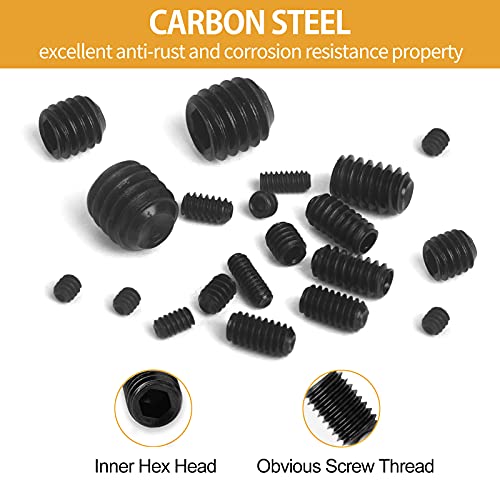 Vigrue 390Pcs #4-40 To 3/8"-16 Sae Hex Allen Head Socket Set Screws Grub Screw Bolts Assortment Kit, Carbon Steel Internal Hex Drive Cup-Point Screws With 7Pcs Hex Wrenches #TOP3
