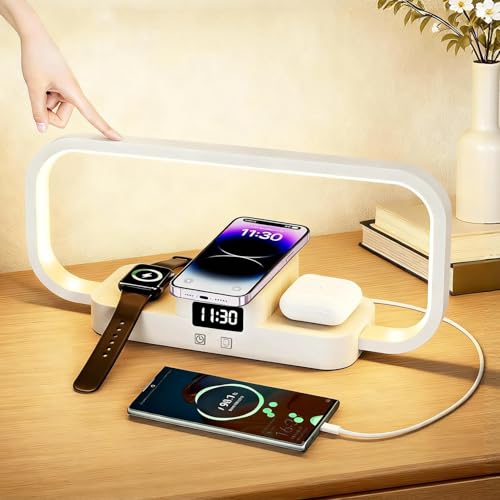 KZT Lampe de Chevet Chargeur sans Fil 4 en 1 Lampes de Table Tactile avec Port USB LED Lampe de Bureau avec Horloge pour Chambre Adultes et Enfants, Blanc